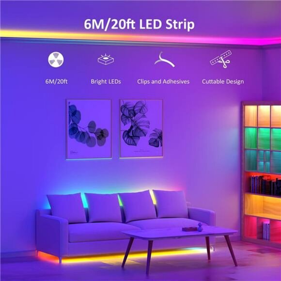 RGB LED Strip Lights 20ft Music Sync Color Changing App Control for Room Kitchen - Picture 3 of 8